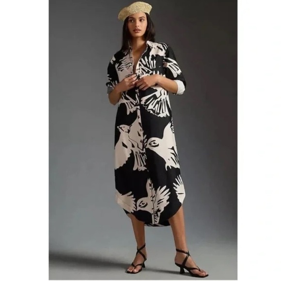 Anthropologie Maeve The Soren‎ Black White Bird Print Midi Shirt Dress XXS XS S - Picture 4 of 13